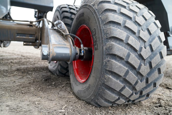 A close up view of a tire on the Fendt Momentum planter