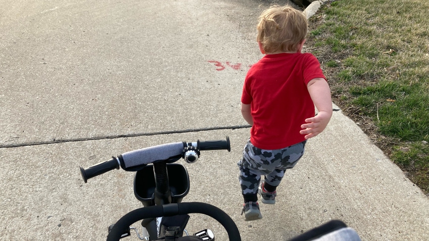 Mindy Ward's grandson Grayson takes a running leap during a walk