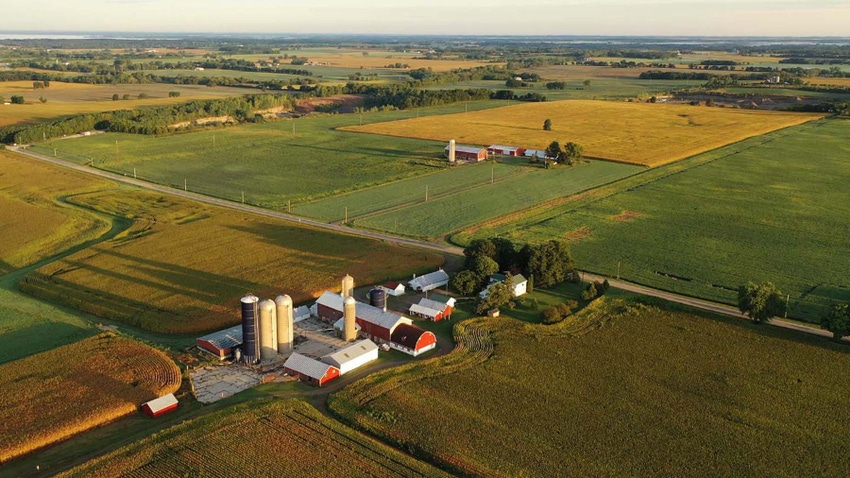 Aerial view of farm and fields