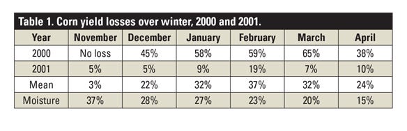 Corn yield losses over winter, 2000 and 2001 table