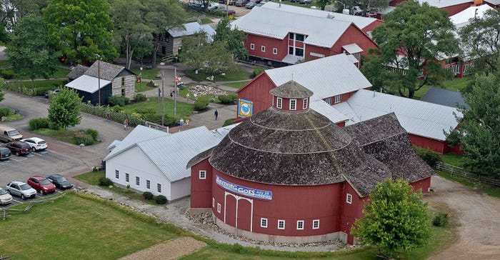 Aerial view of historical Amish Acres Restaurant and Round Barn Theatre