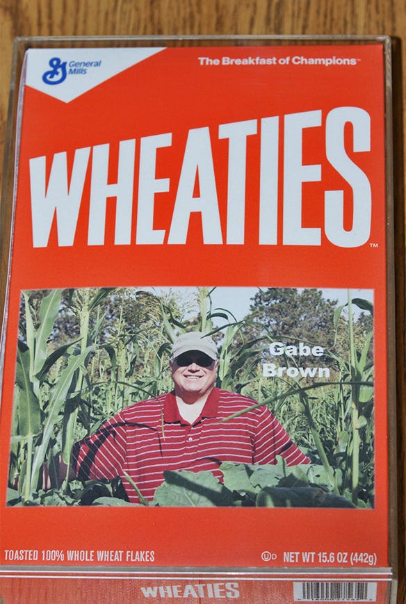 Gabe Brown photo on novelty Wheaties box