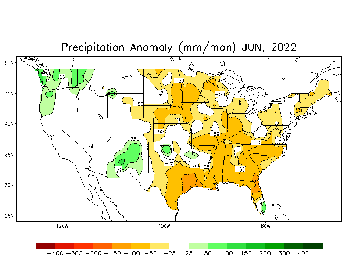 Precipitation anomaly map of the US