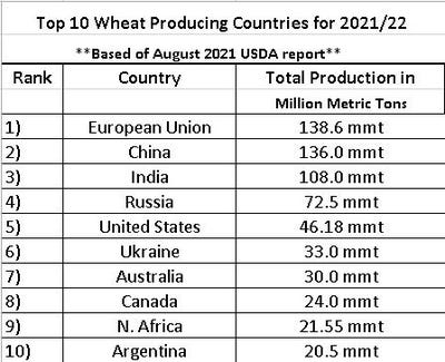 Top 10 wheat producing countries for 2021/22