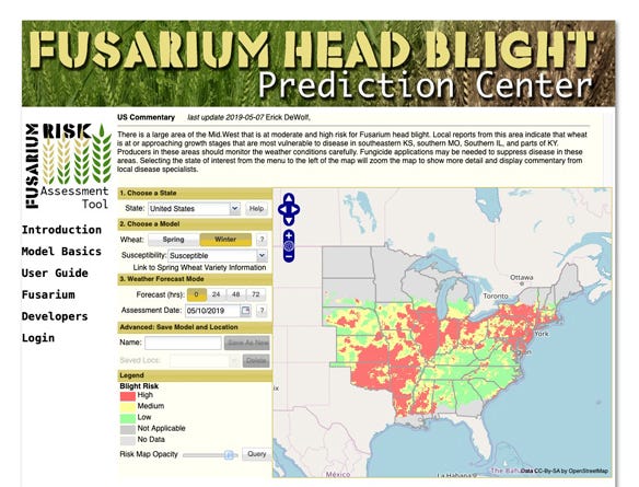  The Fusarium Head Blight Prediction Center uses an online map to show what places are at high risk for Fusarium head blight in wheat. Large areas of the Midwest, Mid-Atlantic and Northeast are in the “high risk” category.