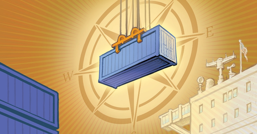 Illustration of shipping container at port with compass in background.