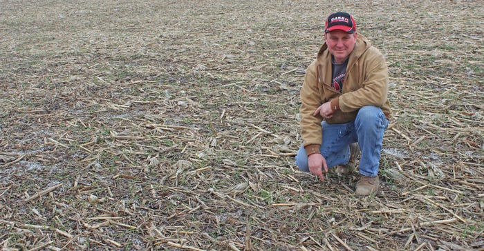 Mike Wolfe kneeling in field covered with cereal rye