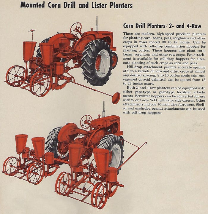 2 Allis-Chalmers corn ‘drill’ planters pictured in old brochure
