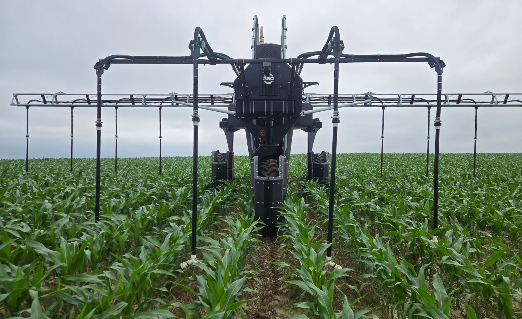The 360 Rain machine following the path of the corn planter that’s programmed into it