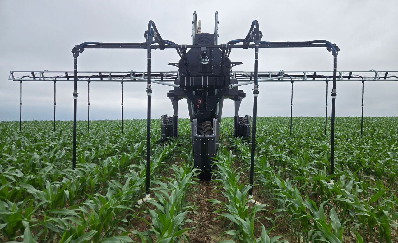 The 360 Rain machine following the path of the corn planter that’s programmed into it