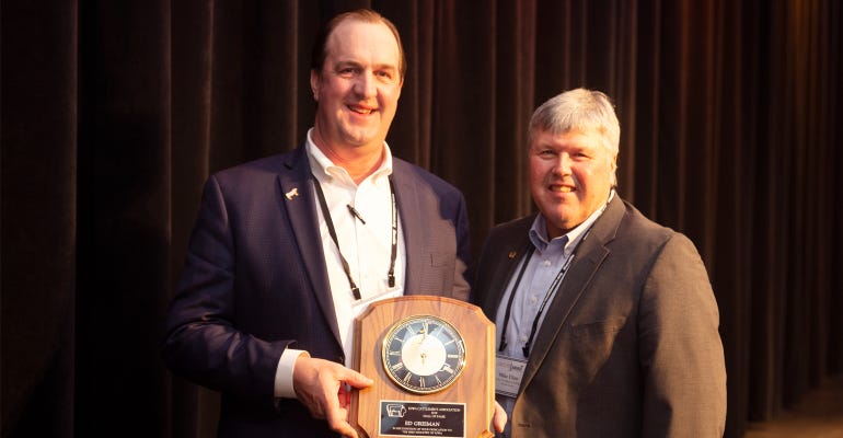 Ed Greiman (left), 2018 Iowa Cattlemen’s Hall of Fame honoree, shown with ICA past president Mike Cline. 