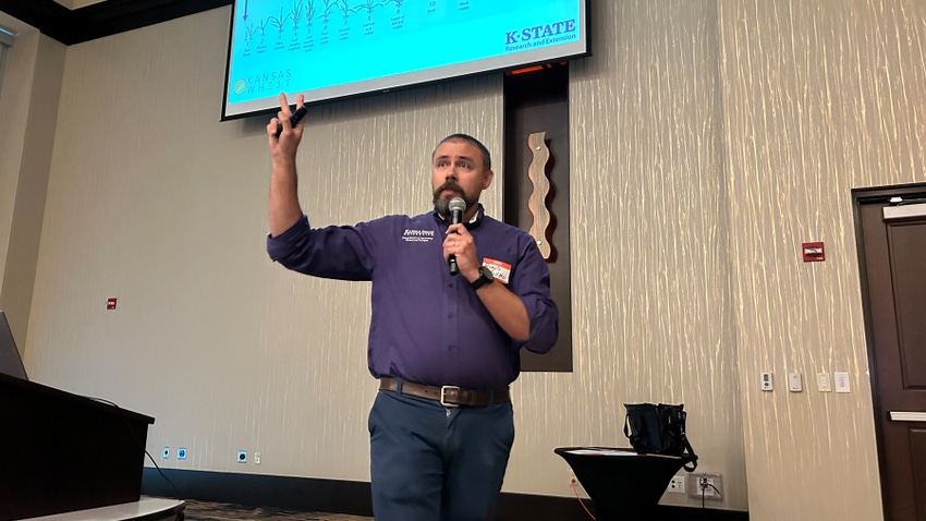 Romulo Lollato, wheat and forage specialist, speaks at wheat tour