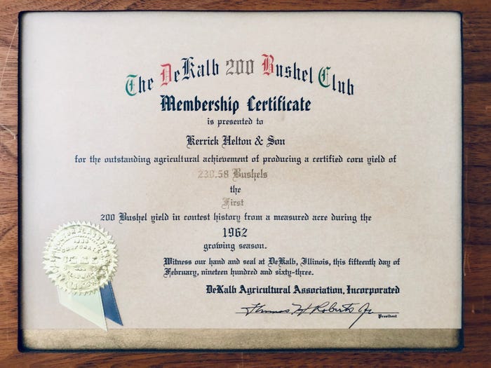 award certificate issued to Kerrick Helton by Dekalb in 1962 for growing 200-bushel corn