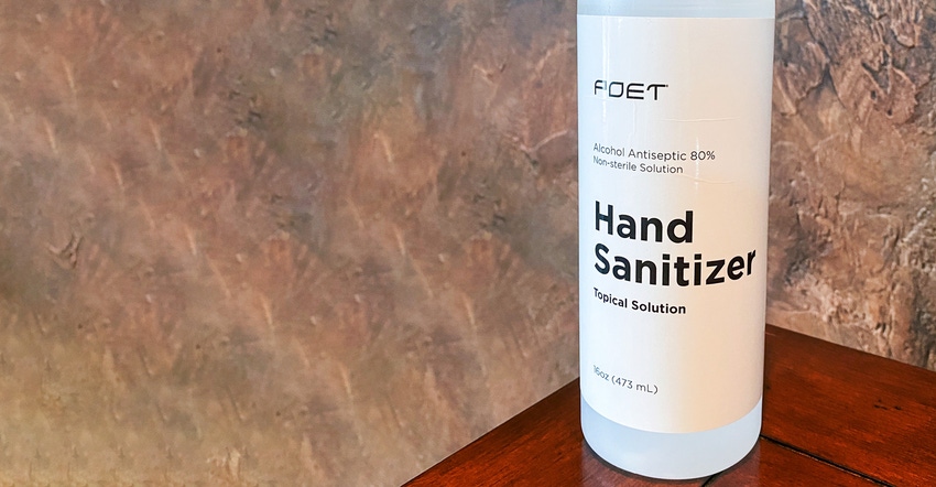 A bottle of ethanol-based hand sanitizer produced by POET
