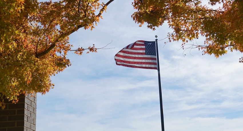 American flag in fall