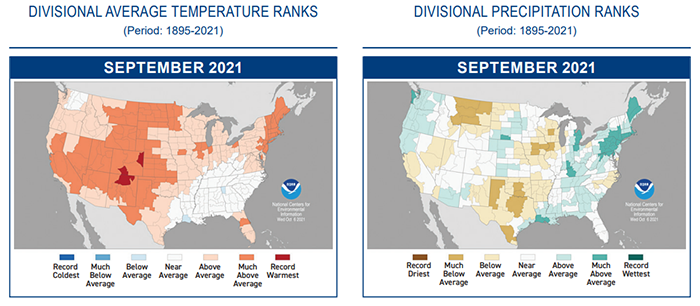 Maps showing how areas of the country ranked for precipitation and temperature in Sept. 2021 compared to average