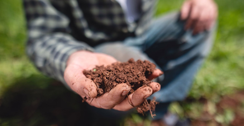 A farmer reaches out with a handful of soil