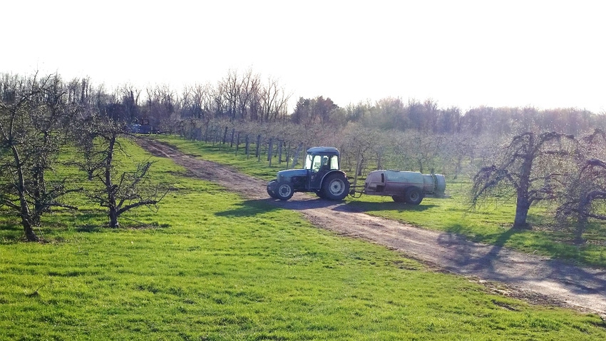 A tractor crossing a dirt path at an orchard