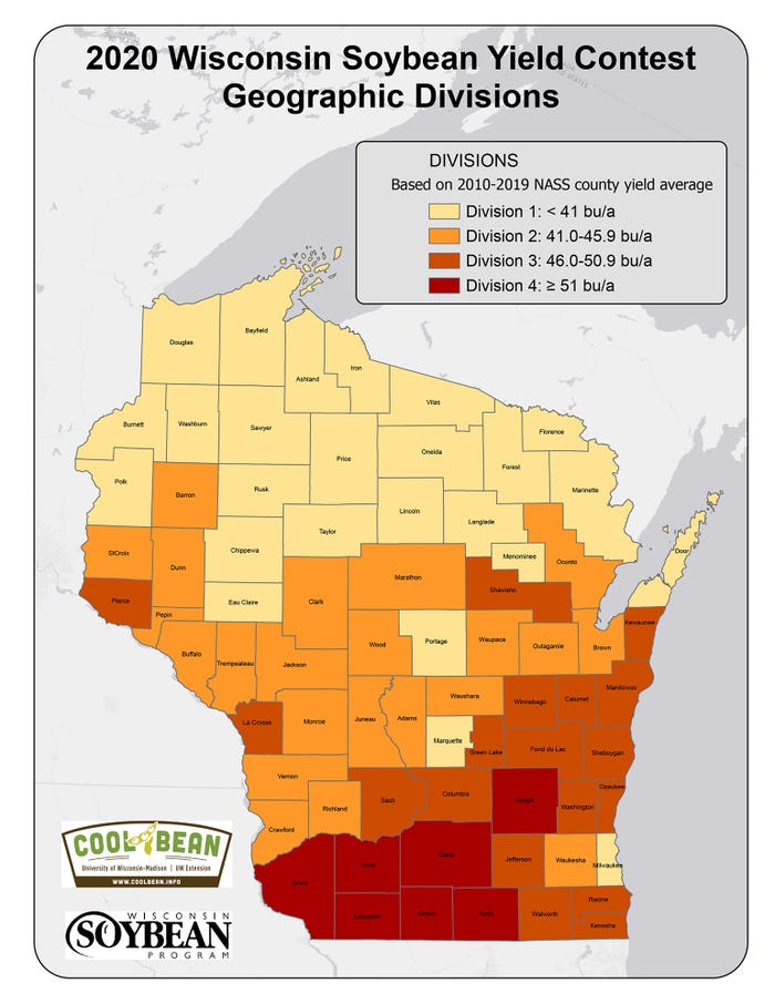 Map of 2020 Wisconsin soybean yield contest geographic divisions