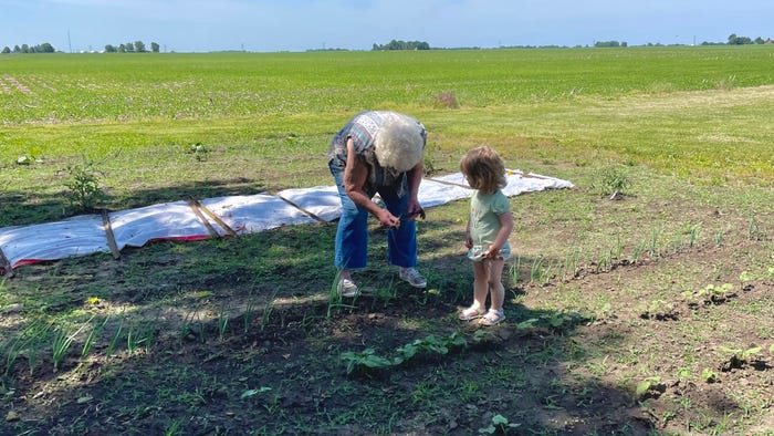 grandma and toddler granddaughter picking green onions
