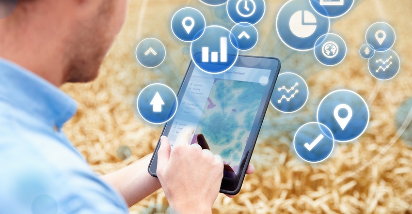 farmer in a field using a tablet surrounded with illustrated icons