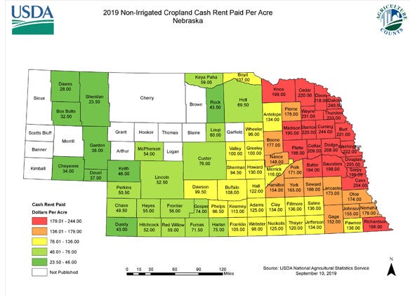 Figure 1. 2019 Nebraska nonirrigated cropland cash rent paid per acre map