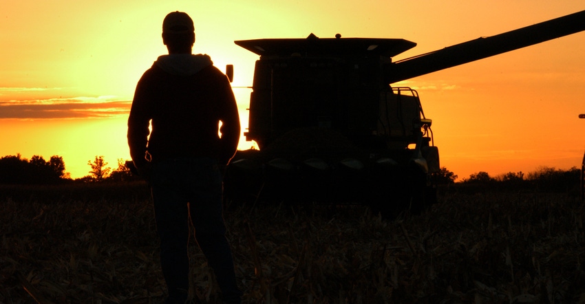 farmer looking into sunset with combine in background