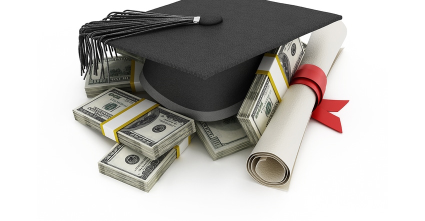 Graduation cap stacked on top of books, money, and diploma