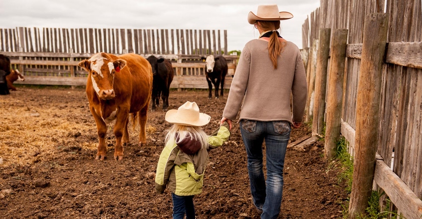Cowgirl holding the hand of a young girl as they walk through a cow paddock