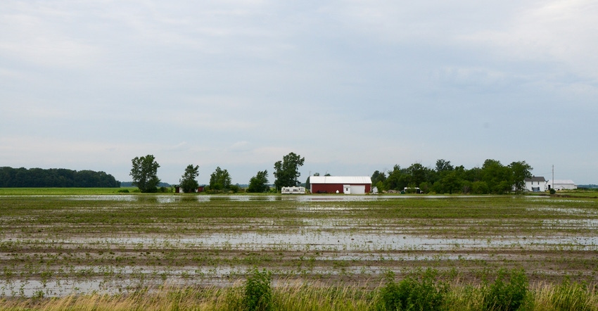 Flooded farm field with farm house in the distance