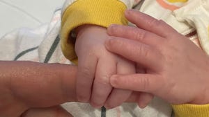 A close up of a newborn's hands curling her fingers around an adult's finger