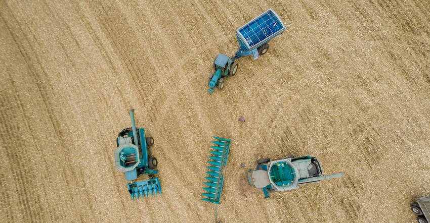 aerial of farm equipment in field