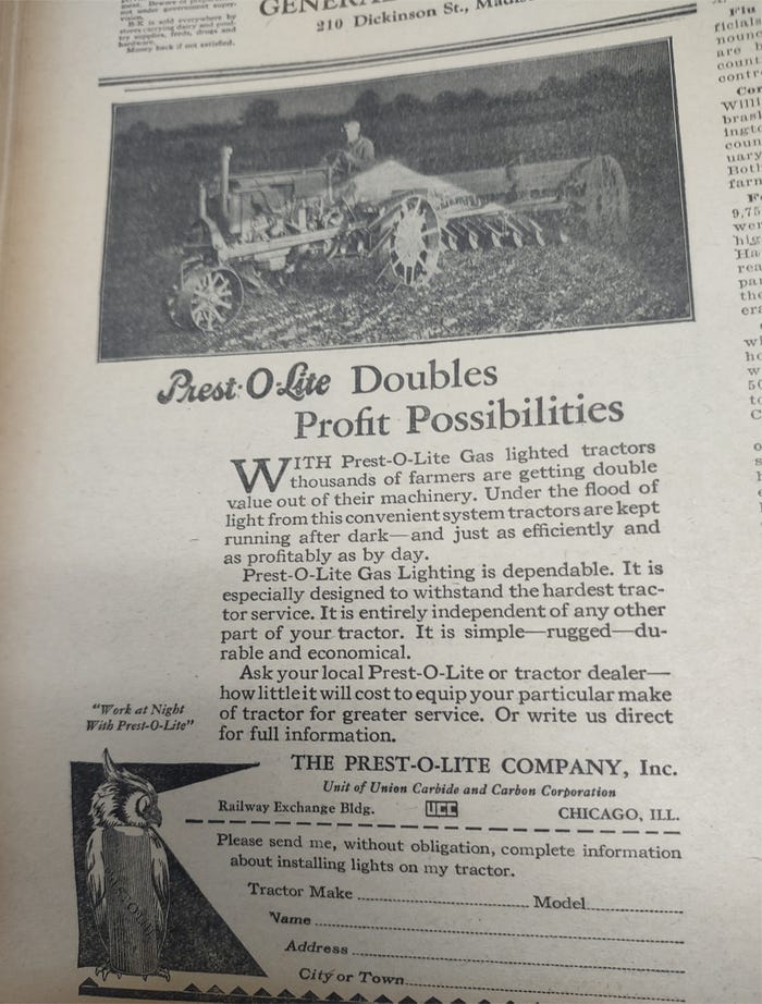 Farm Progress - ad for new tractor lighting system  published in the May 4, 1929 of Nebraska Farmer