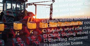 Maintenance checklist overlays a sunrise view of a planter in the field