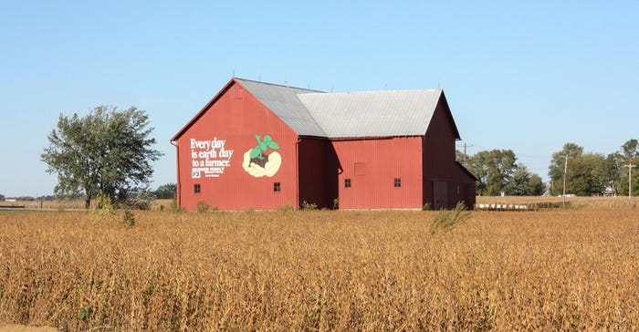 A red barn with the words "Earth Day is every day for a farmer" painted in white