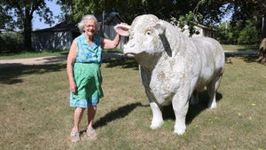 A woman posed next to a statue of a bull