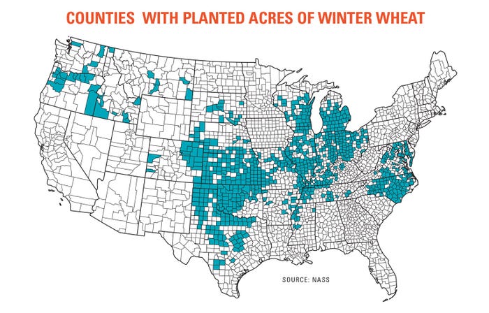 U.S. counties with planted acres of winter wheat