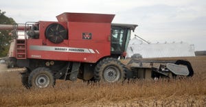combine harvesting soybeans in Jay County, Indiana