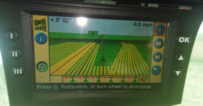 Tractor cab display shows the 60-inch rows of Ben Peckman's corn field