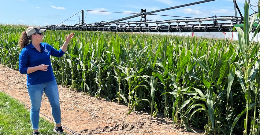 Kelly Gillespie, vice president of digital ecosystems for Bayer Crop Science stands in front of corn field