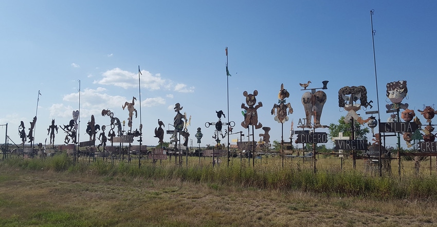 M.T. Liggett’s grassroots artwork along US Highway 400 and Kansas Highway 54, near Mullinville, Kan