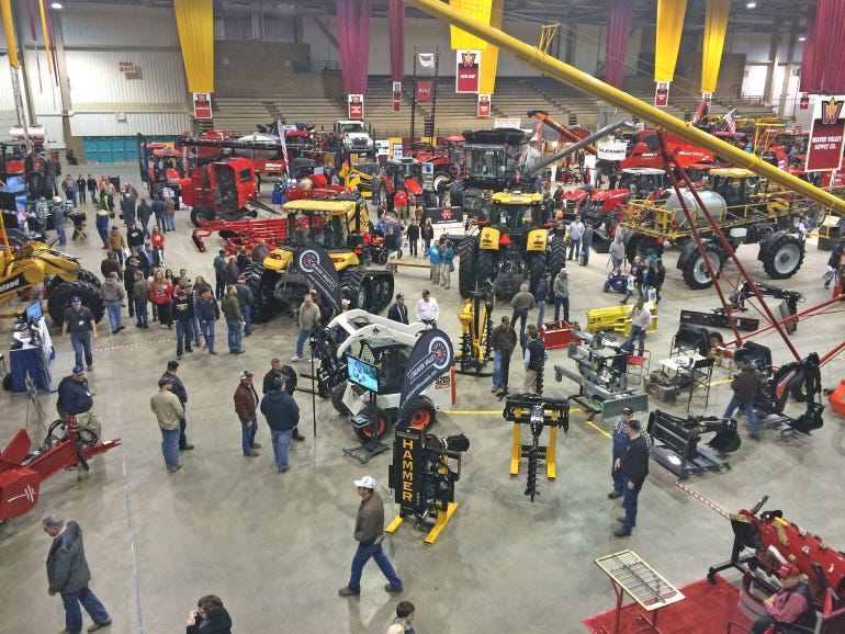 elevated view of Western Farm Show indoor exhibits
