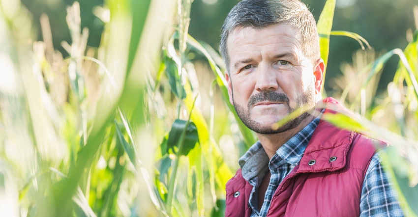 closeup of man in front of corn stalks