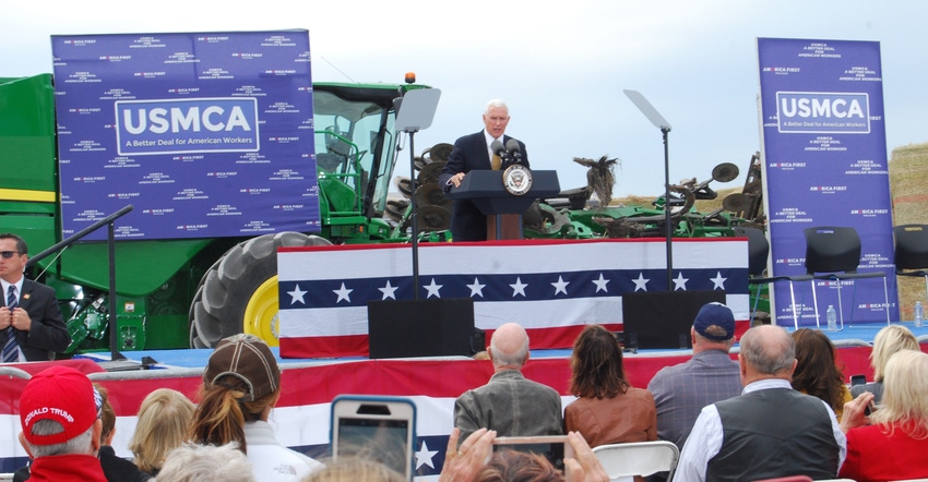 Vice President Mike Pence speaking at  an Iowa farm 
