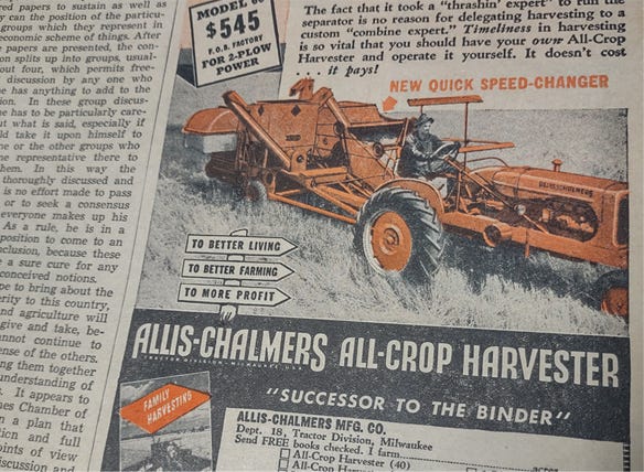 The Model 40 and Model 60 Allis-Chalmers All-Crop Harvester advertised in the March 1941 issue of Nebraska Farmer. 
