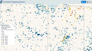 An illustration of a mapping system around Indiana with various dots indicating precipitation levels