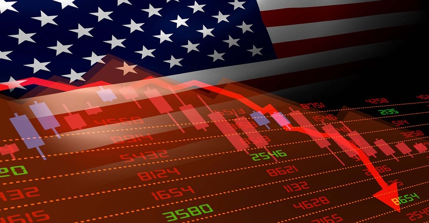 U.S. recession concept flag with downward market trends