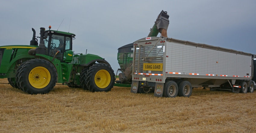 A Hoffman Harvesting grain cart unloads wheat into a semi in an Ehmke Seed Farms field during harvest in July