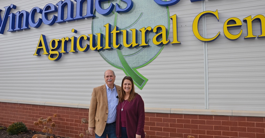 Susan Brocksmith and Don Villwock standing in front of Vincennes University Agricultural Center