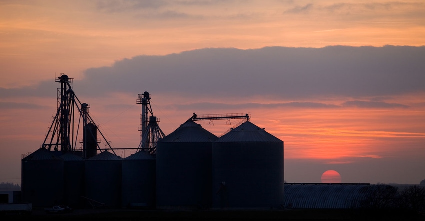 Grain elevator at sunset